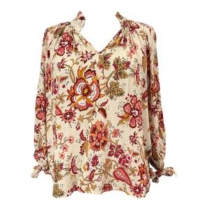 Nicole Miller Women's Small Peasant Boho Blouse Floral V-Neck 3/4 Sleeves
